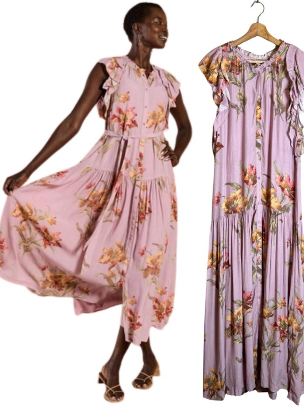 Sundance Living Tierra Floral Midi Dress Women Large Purple Flowy Button Up Boho